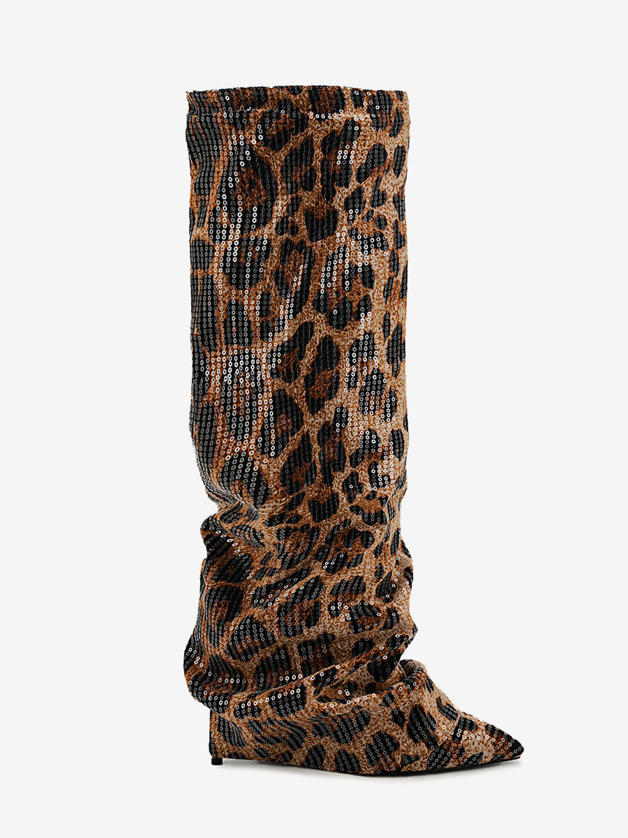 brown pointed toe leopard print sequin knee high boots — view 5