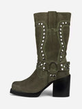 Hunter Green Round-Toe Block Heel Buckle Mid-Calf Boots — view 3
