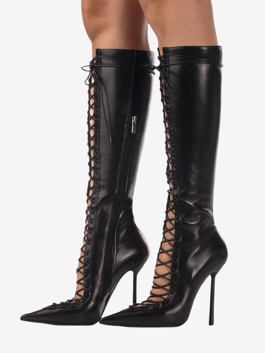 Red Pointed-Toe Lace-Up Cut-Out Knee-High Boots — view 1