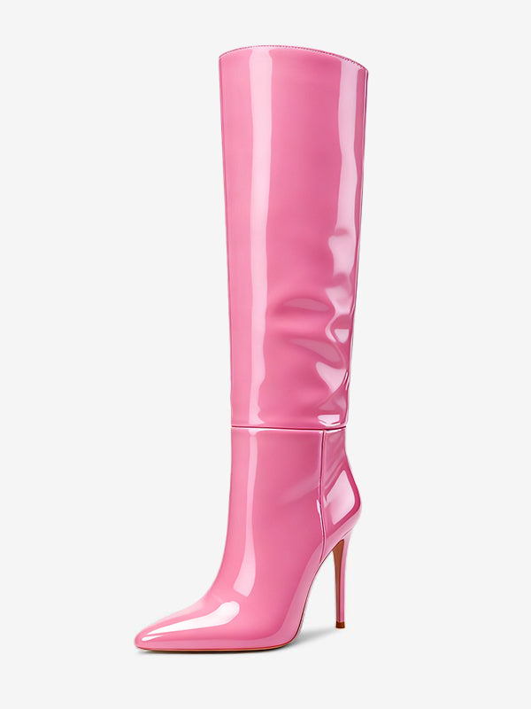 Pink Pointed-Toe Stiletto Knee-High Boots — view 2