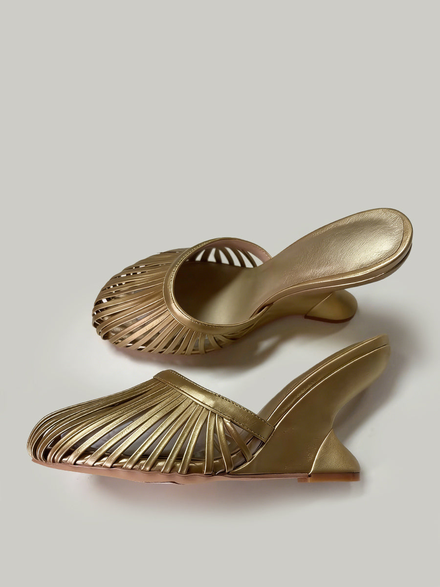 gold round toe cut out wedge sandals — view 5