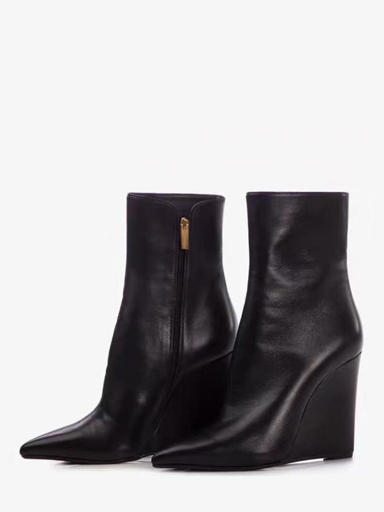 red pointed toe wedge zip ankle boots — view 1