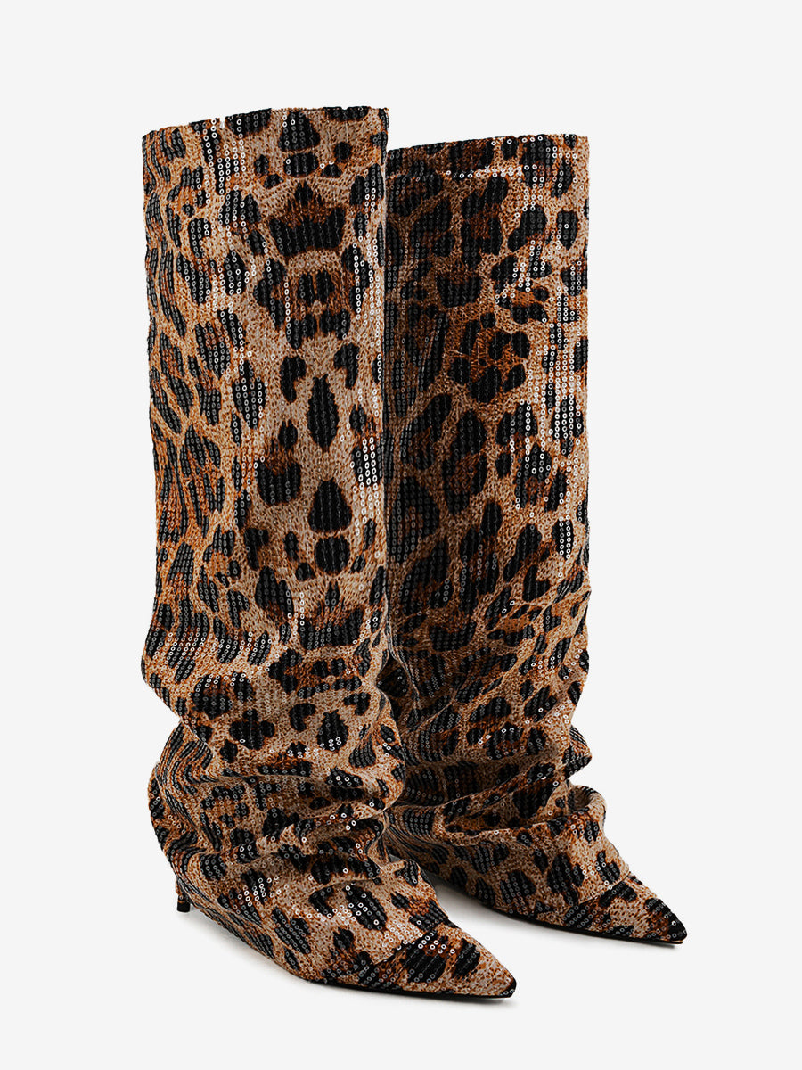 brown pointed toe leopard print sequin knee high boots — view 2