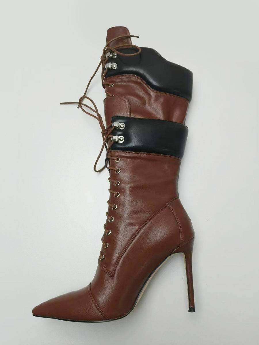 Brown Pointed-Toe Lace-Up Suede-Effect Mid-Calf Boots — view 14