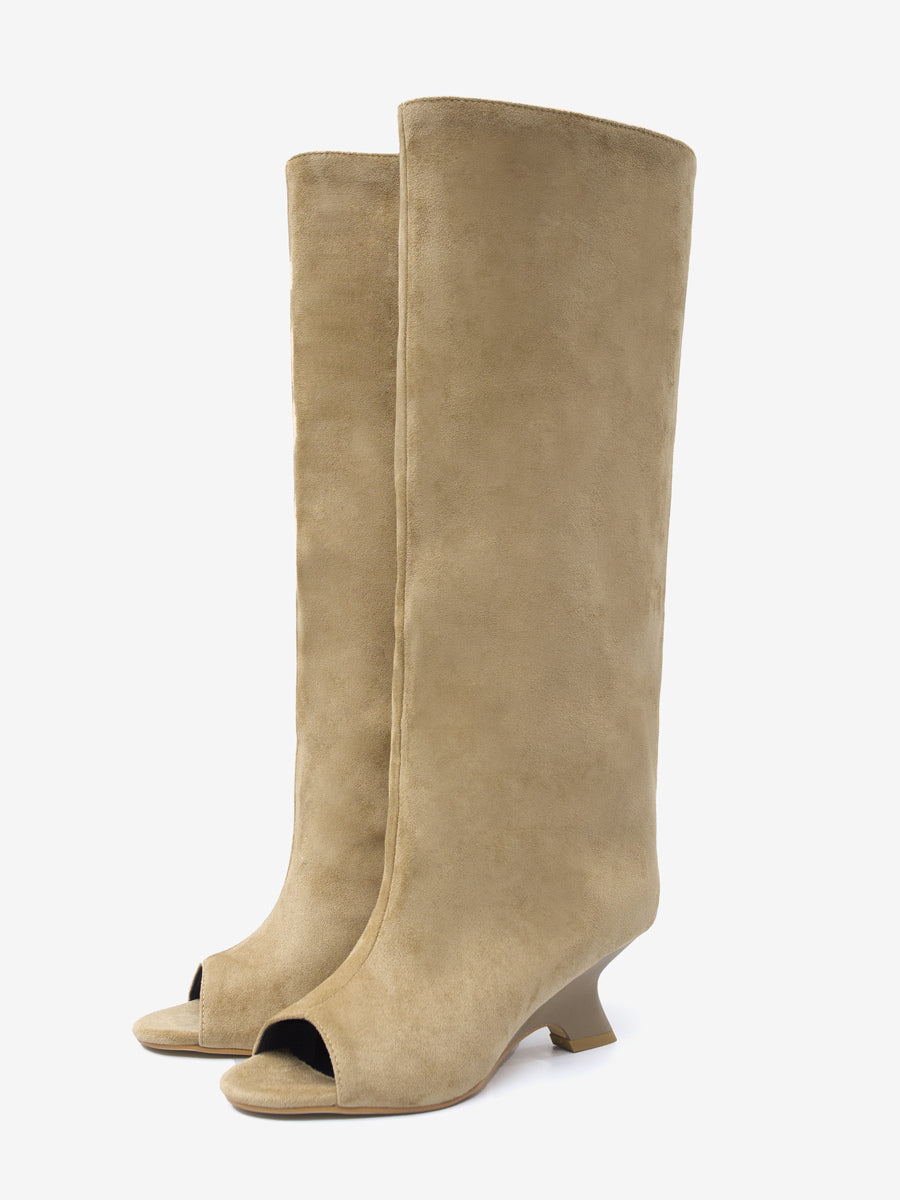 apricot open toe suede effect knee high boots — view 1