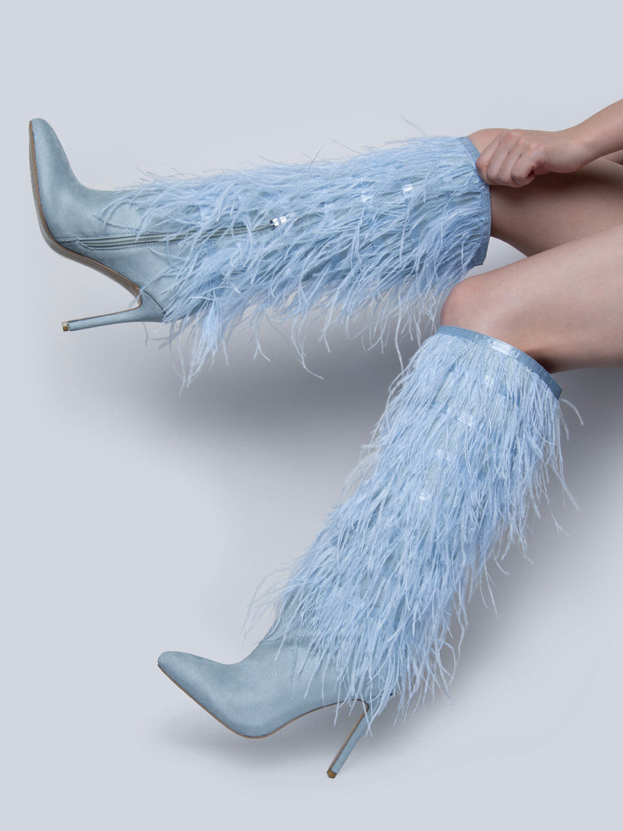 sky blue stiletto knee high boots — view 8