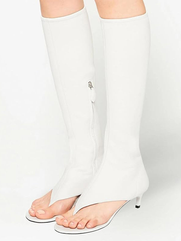 yellow open toe kitten heel stretch panel mid calf boots — view 7