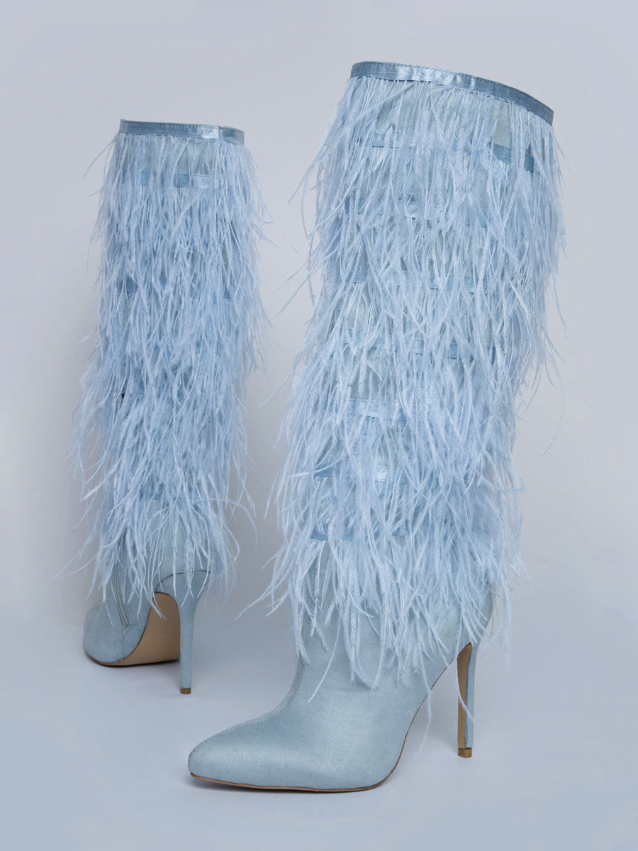 sky blue stiletto knee high boots — view 7