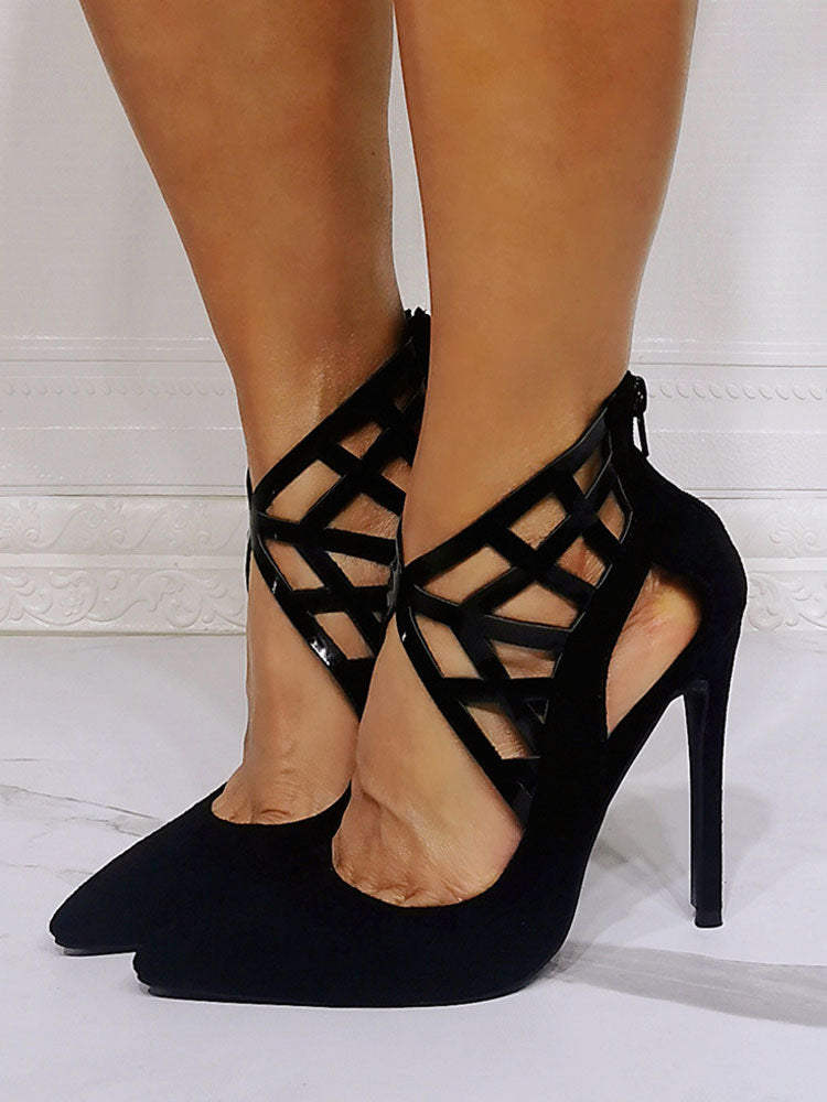 black pointed toe stiletto strappy court shoes — view 2
