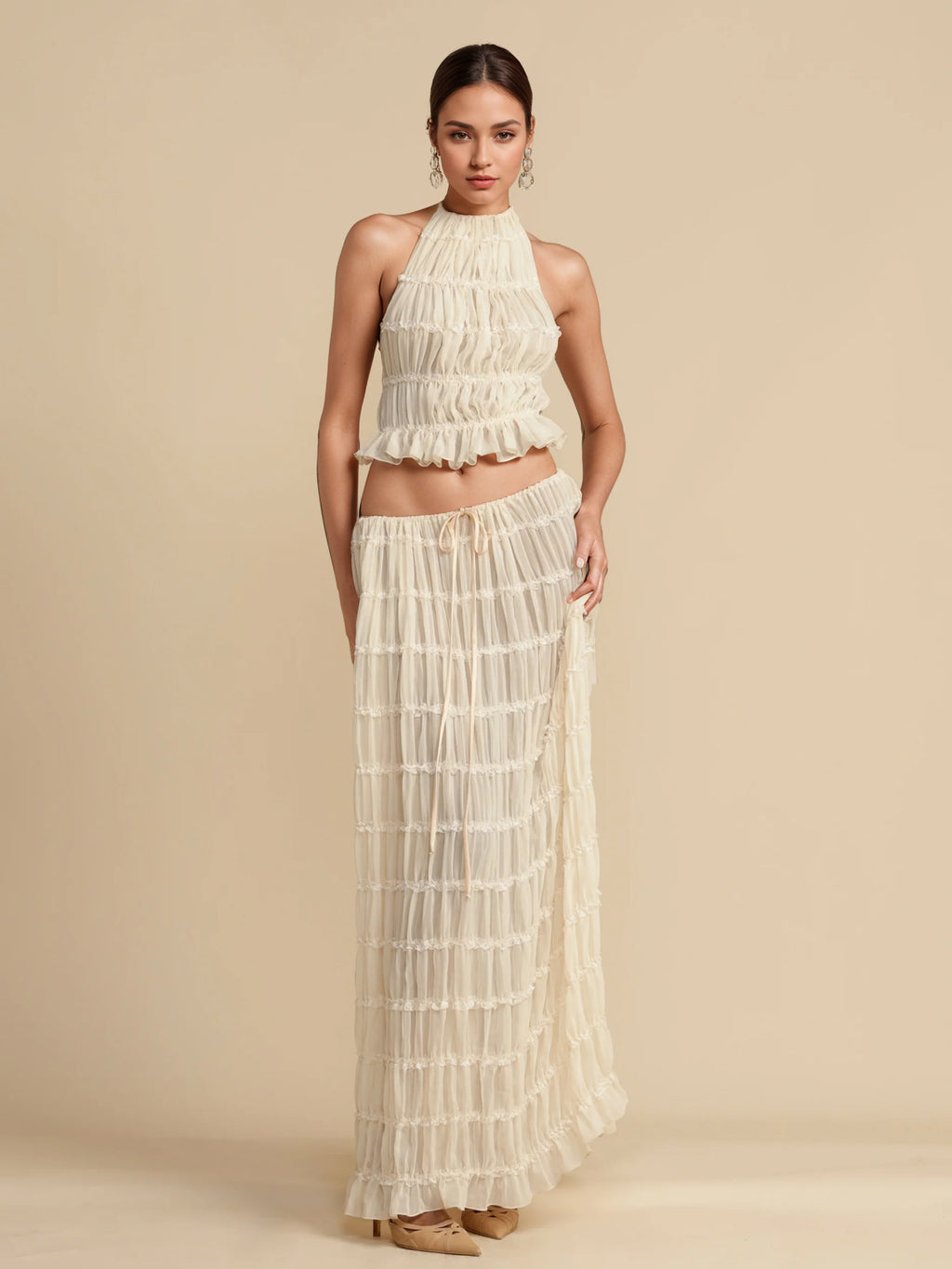 apricot halter neck longline two piece set — view 6