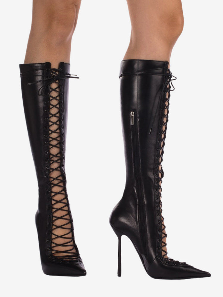 Red Pointed-Toe Lace-Up Cut-Out Knee-High Boots — view 2