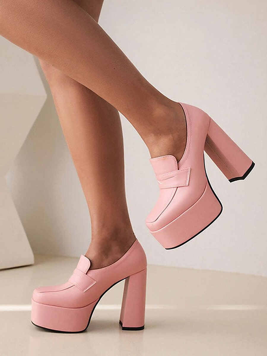 Pink Round-Toe Platform Block Heel Loafers — view 1