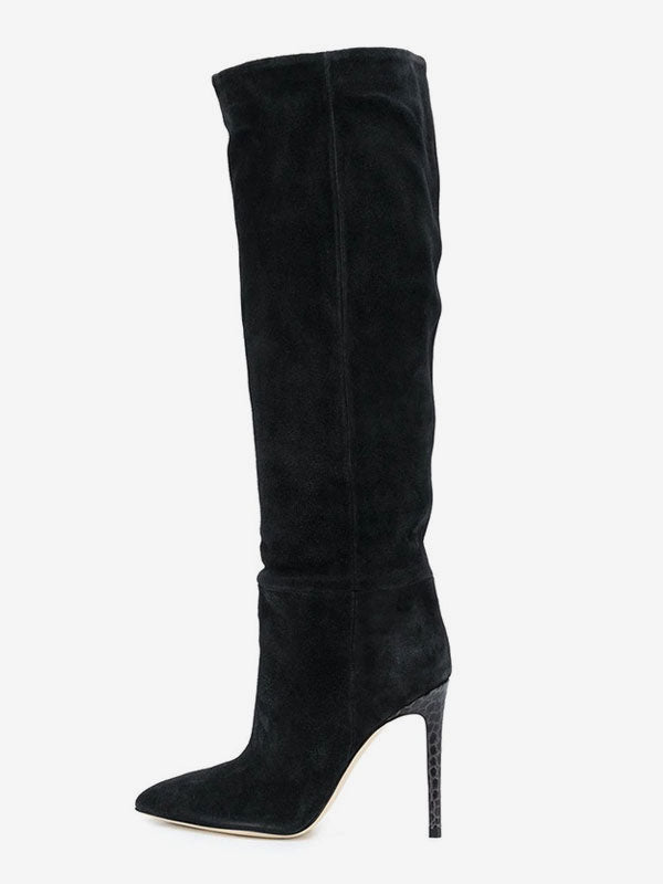 Brown Pointed-Toe Suede-Effect Knee-High Boots — view 4