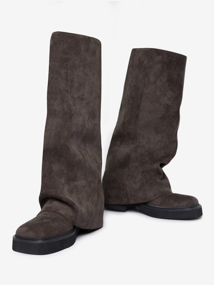 brown round toe knee high ruched boots — view 3