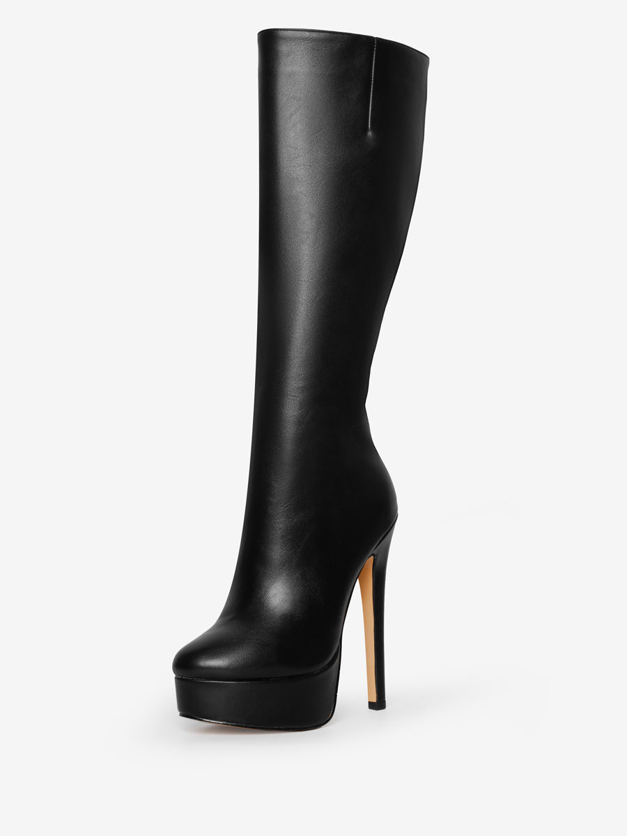 Red Round-Toe Platform Knee-High Boots — view 6