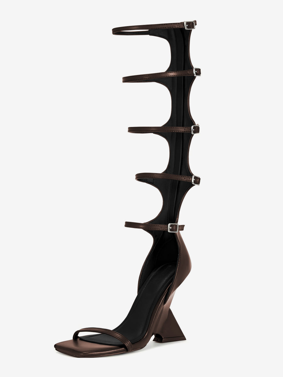 Brown Open-Toe Wedge Buckle Gladiator Sandals — view 6