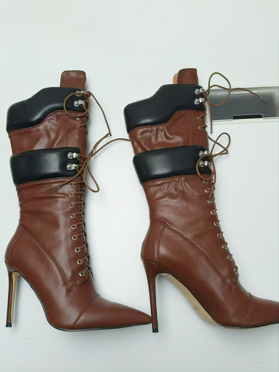 Brown Pointed-Toe Lace-Up Suede-Effect Mid-Calf Boots — view 16