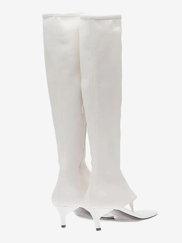 yellow open toe kitten heel stretch panel mid calf boots — view 6