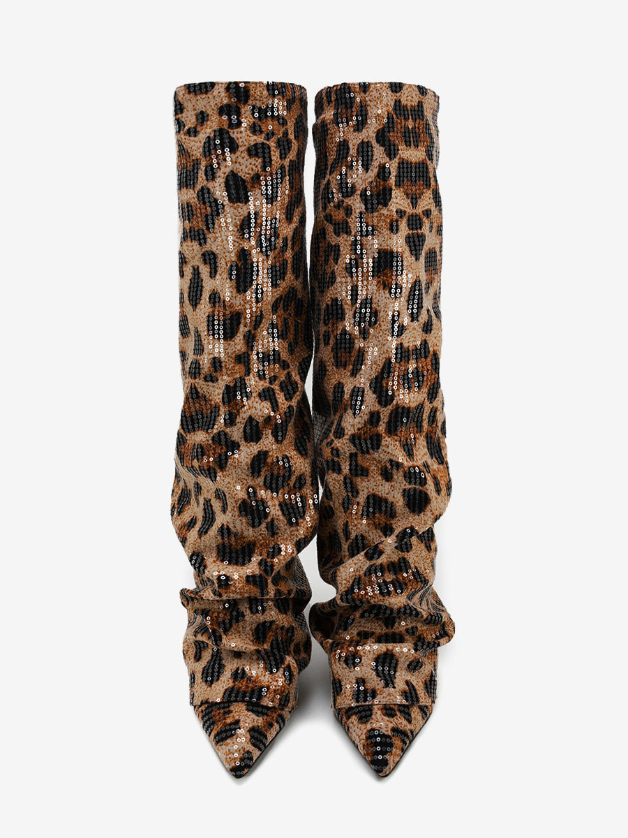 brown pointed toe leopard print sequin knee high boots — view 3