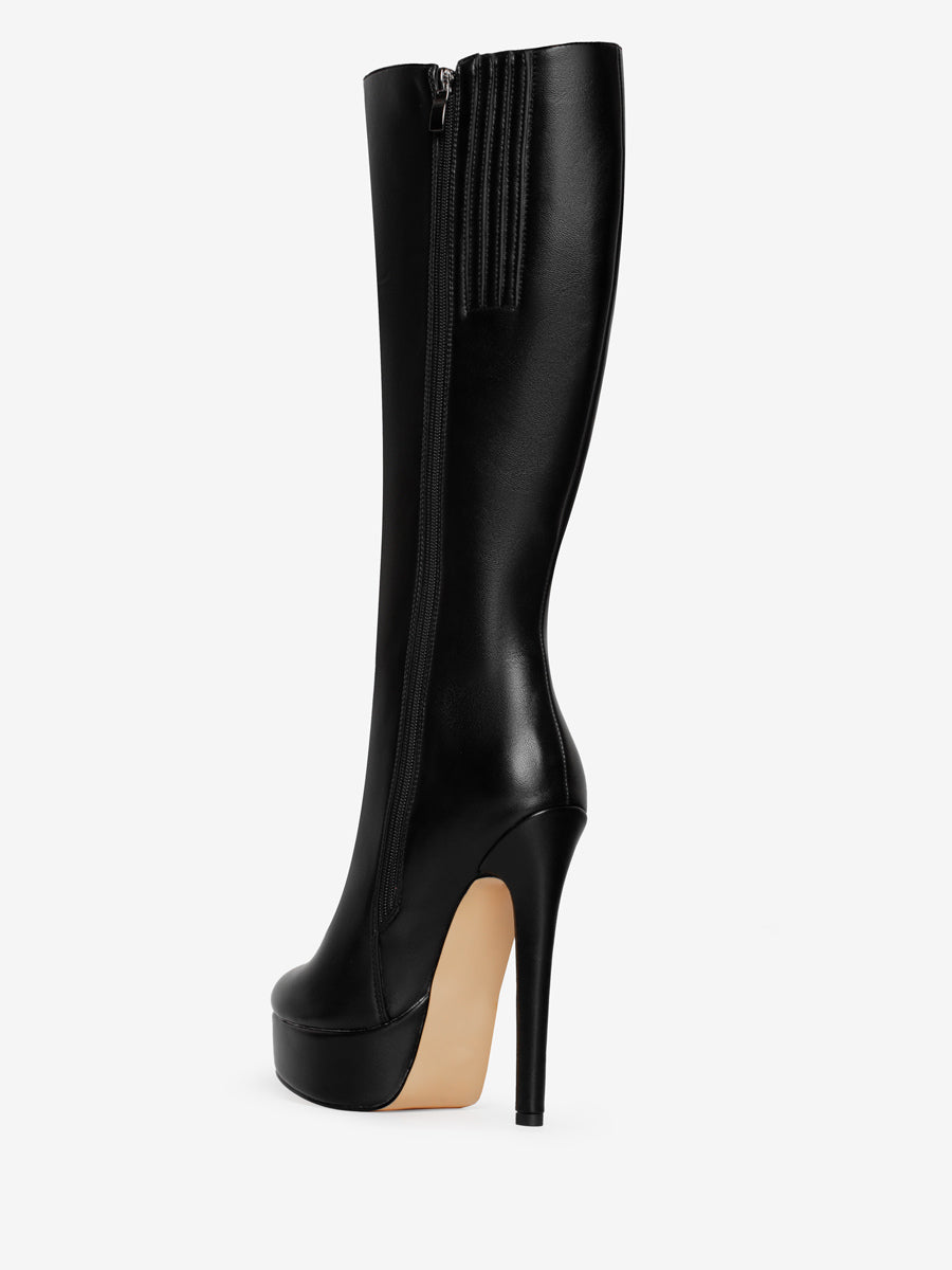 Red Round-Toe Platform Knee-High Boots — view 9