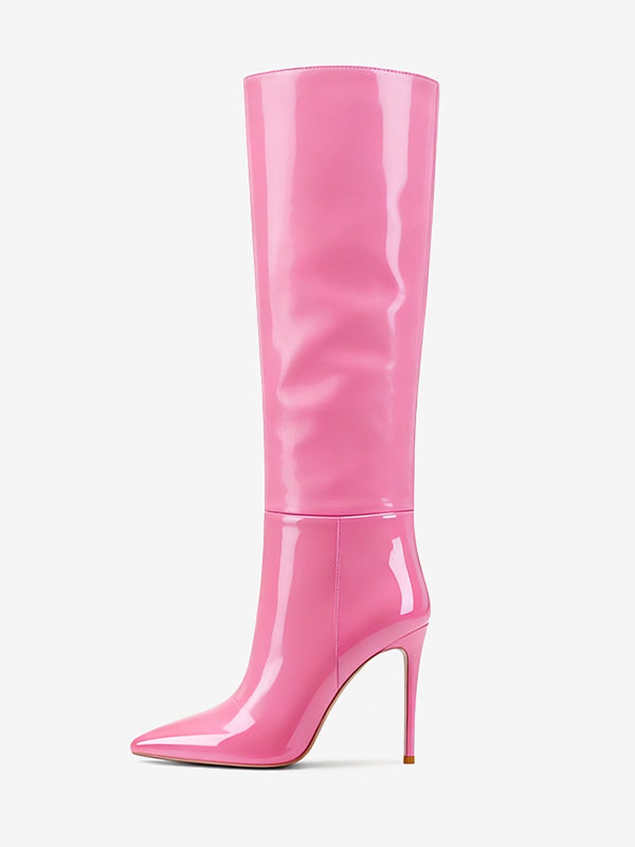 Pink Pointed-Toe Stiletto Knee-High Boots — view 1