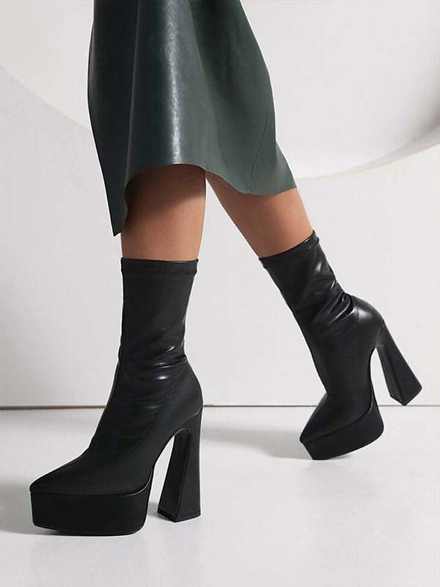 Black Pointed-Toe Platform Block Heel Ankle Boots — view 1