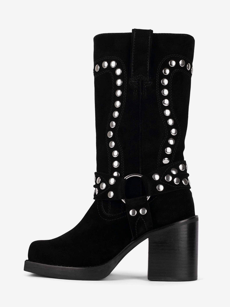 Hunter Green Round-Toe Block Heel Buckle Mid-Calf Boots — view 1
