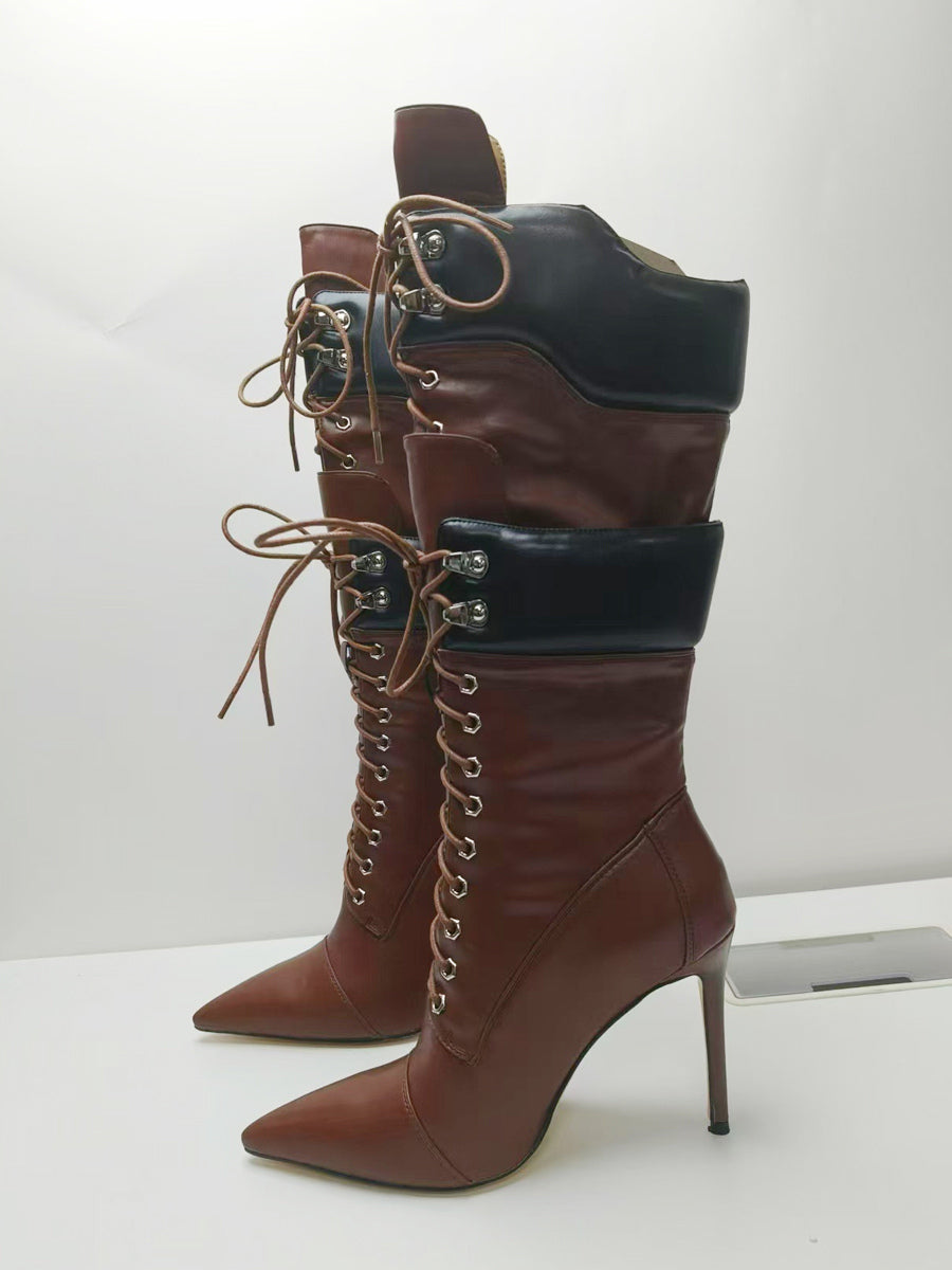Brown Pointed-Toe Lace-Up Suede-Effect Mid-Calf Boots — view 13