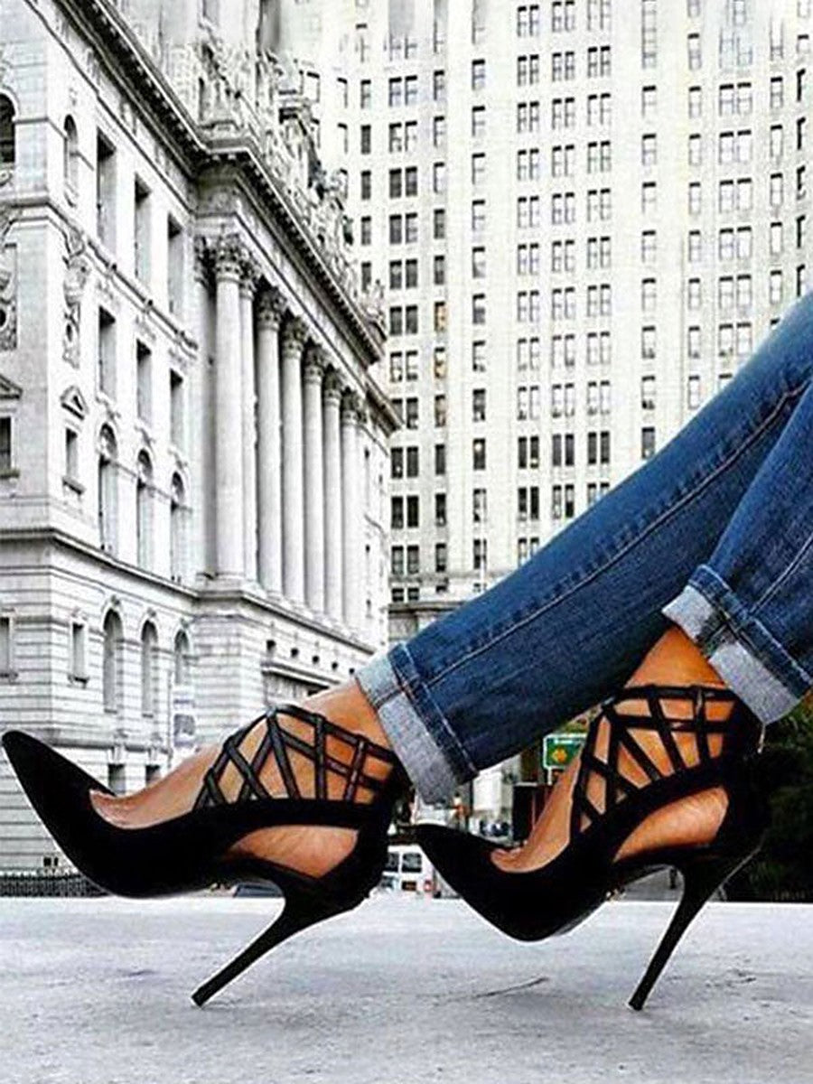 Black Pointed-Toe Stiletto Strappy Court Shoes — view 1