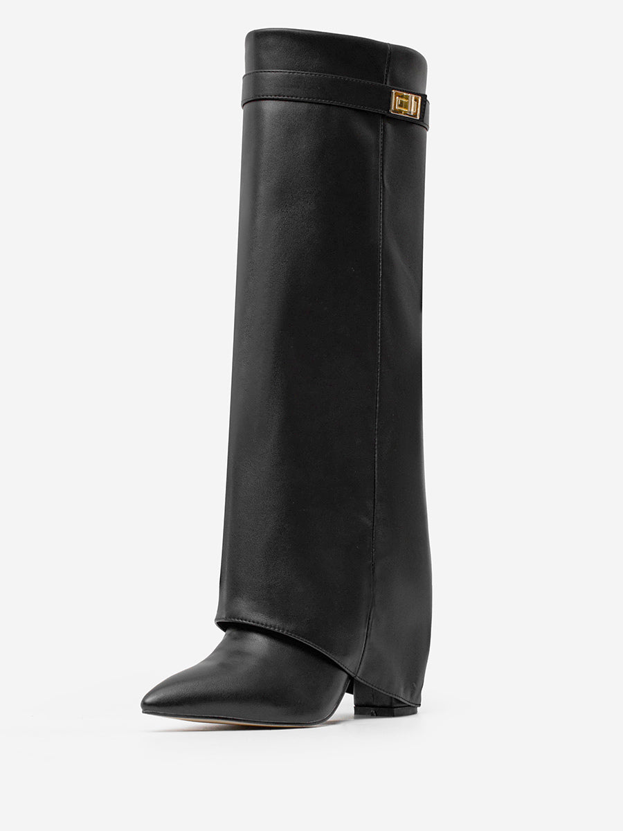 ivory pointed toe block heel buckle knee high boots — view 2