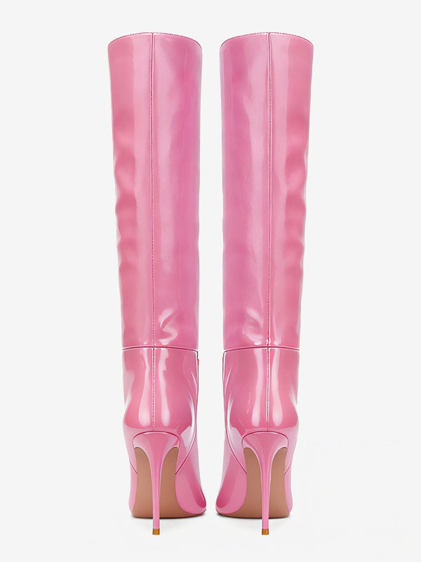 Pink Pointed-Toe Stiletto Knee-High Boots — view 3