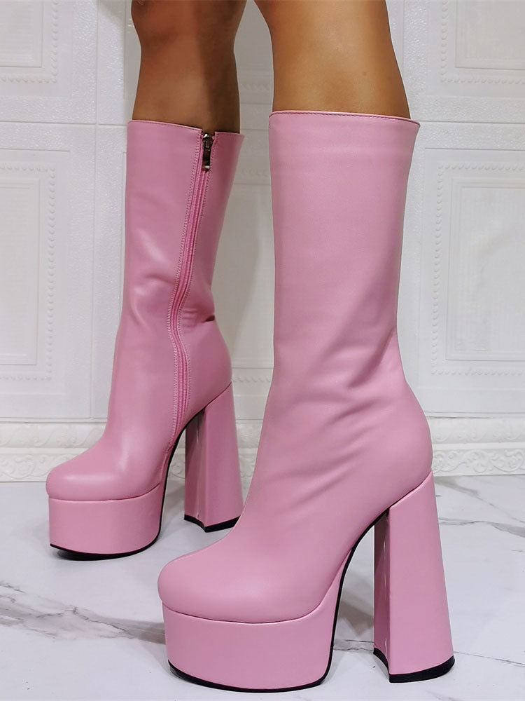 Purple Platform Block Heel Mid-Calf Boots — view 6