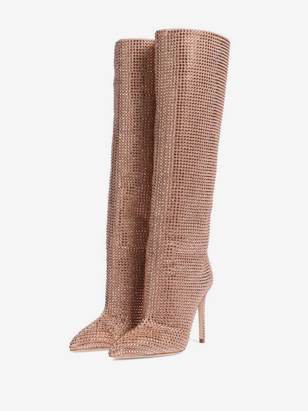 purple pointed toe stiletto embellished knee high boots — view 4