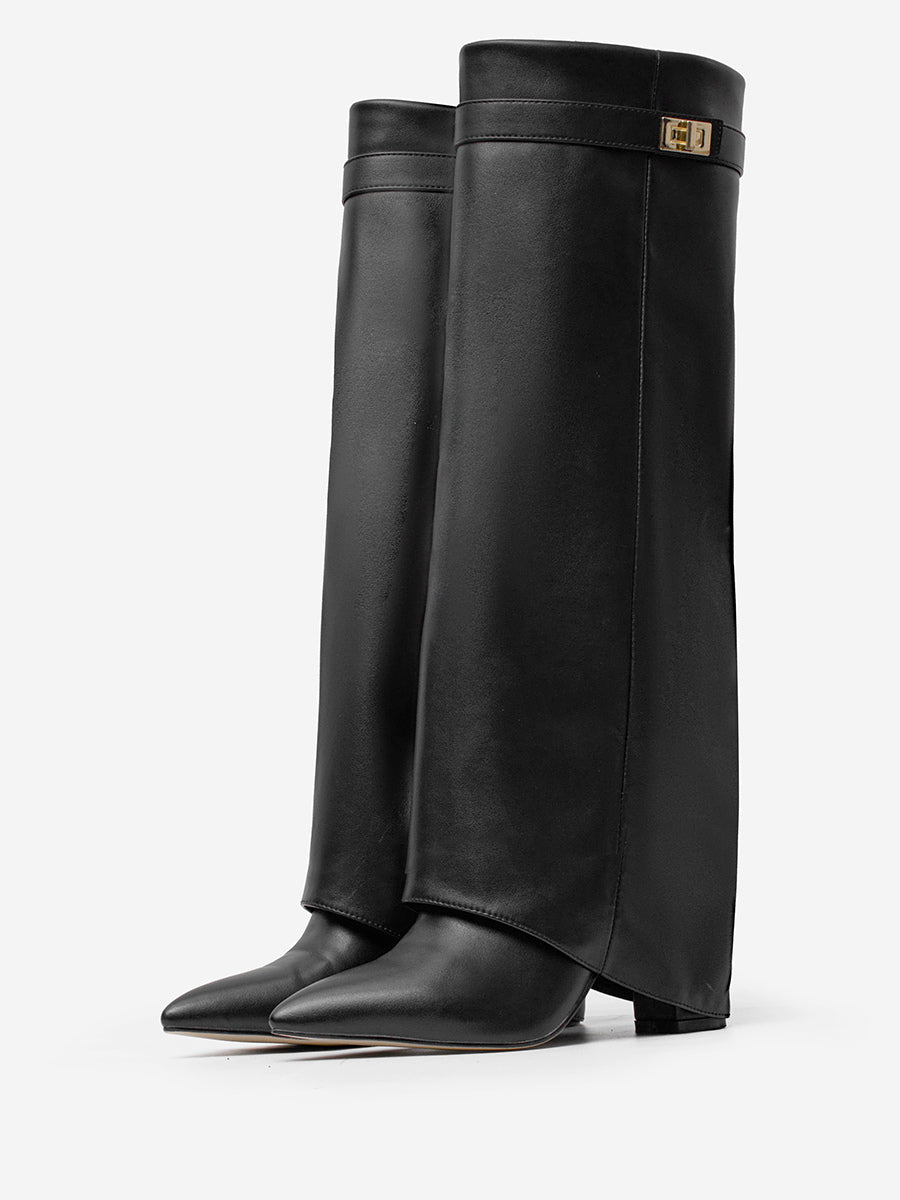 ivory pointed toe block heel buckle knee high boots — view 1