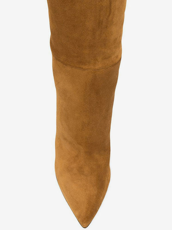 Brown Pointed-Toe Suede-Effect Knee-High Boots — view 6