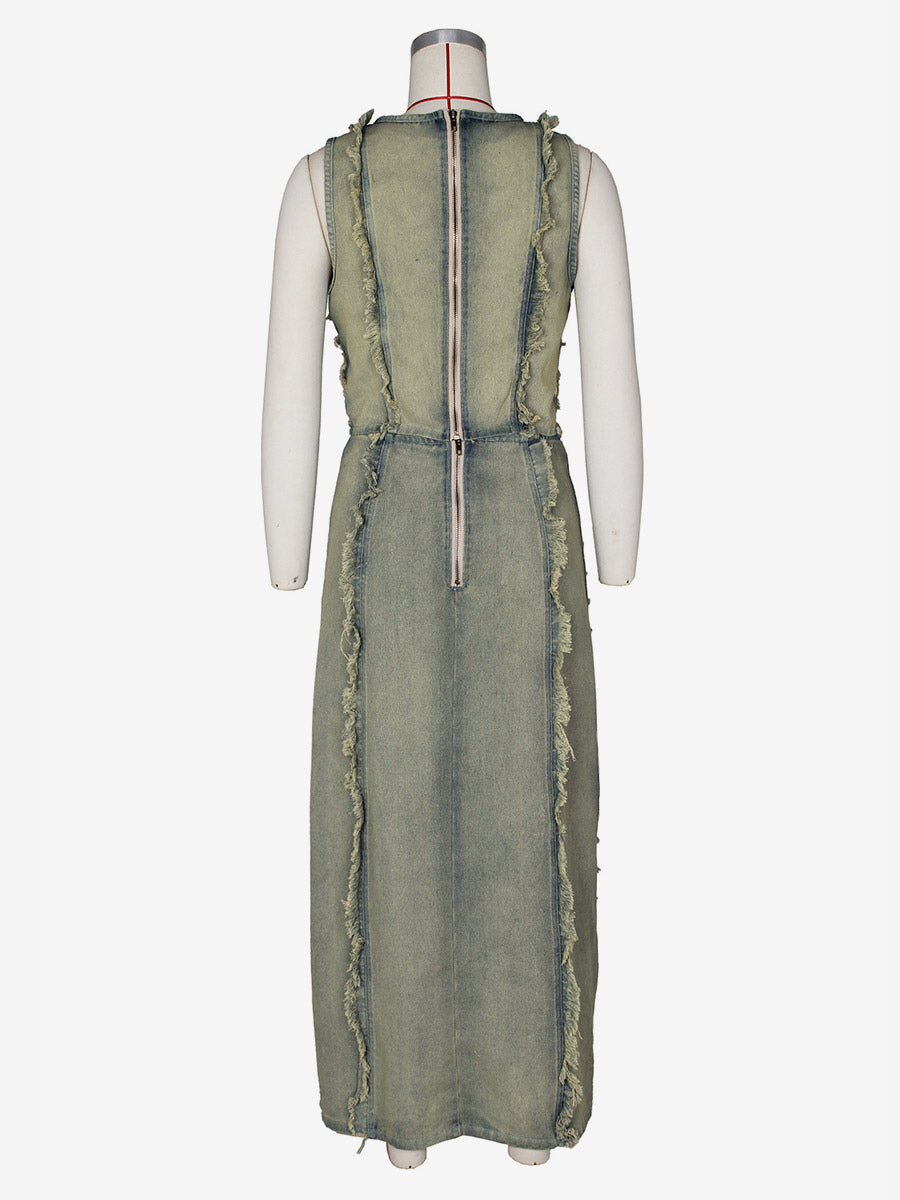 blue side split denim maxi two piece set — view 10