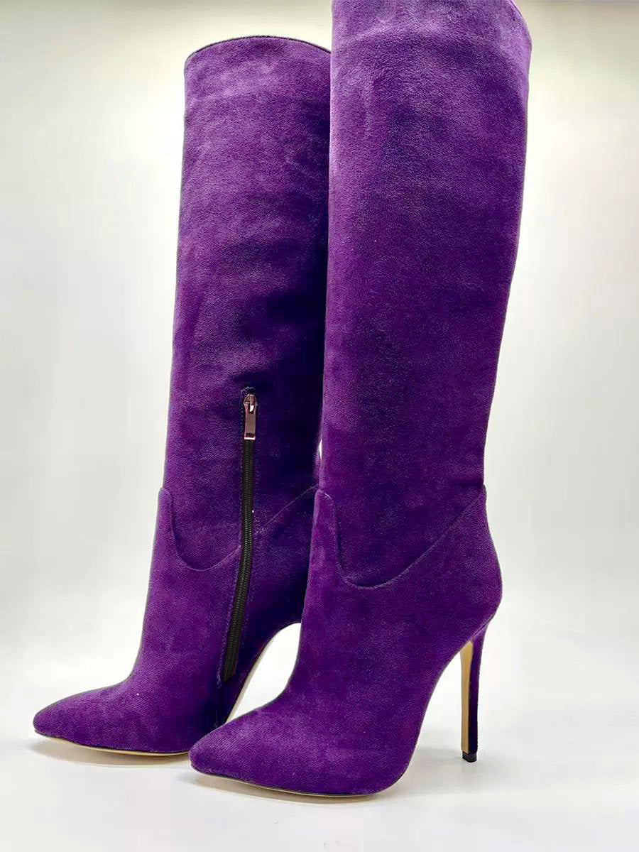 grape pointed toe suede effect knee high boots — view 1