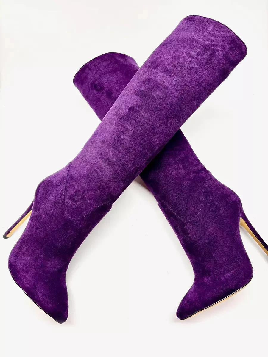 grape pointed toe suede effect knee high boots — view 2