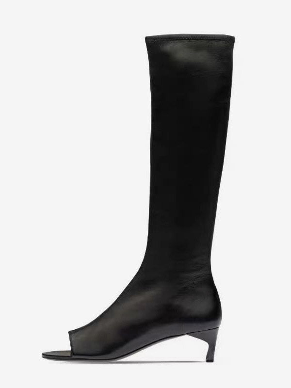 Brown Open-Toe Kitten Heel Knee-High Boots — view 5