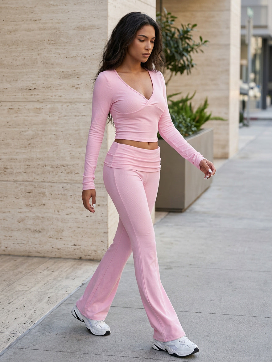 charcoal long sleeve v neck fitted two piece set — view 1