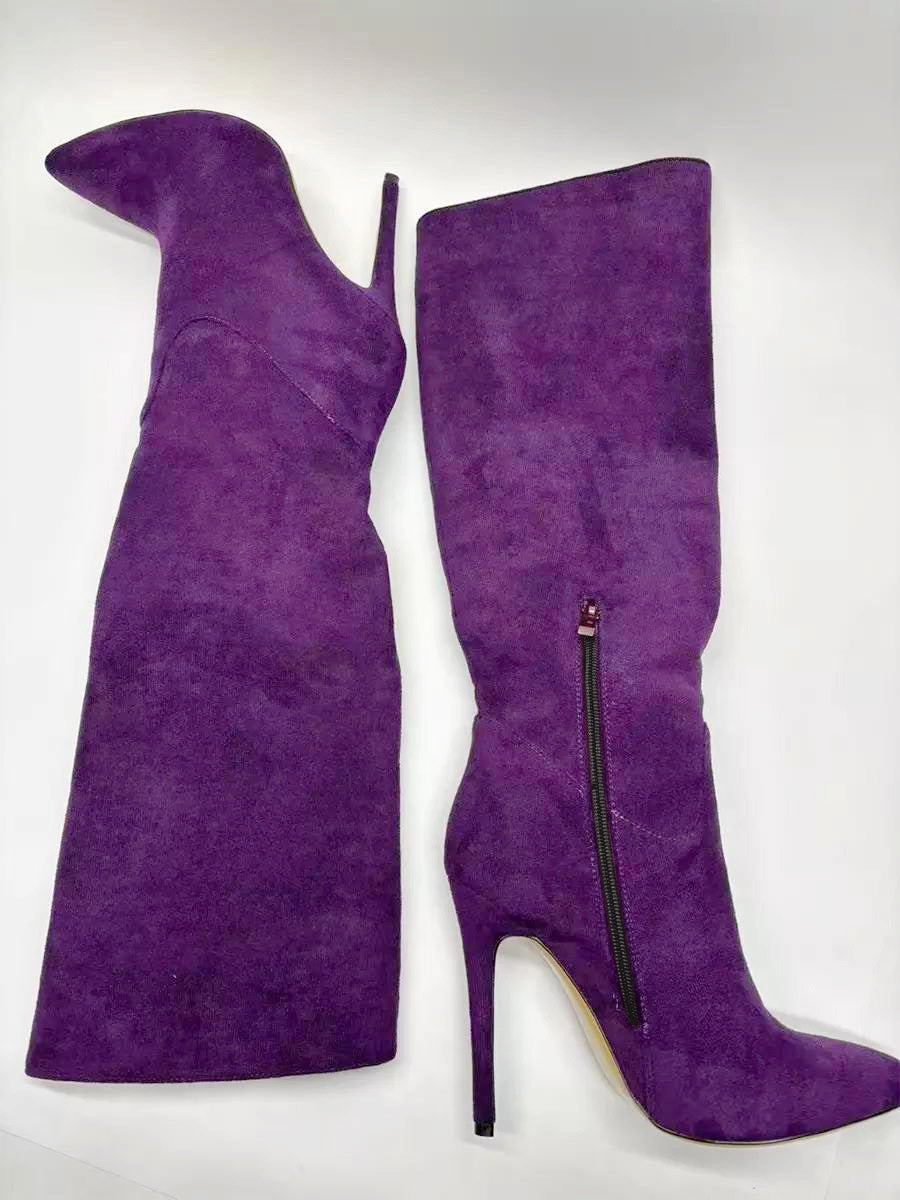 Grape Pointed-Toe Suede-Effect Knee-High Boots — view 4