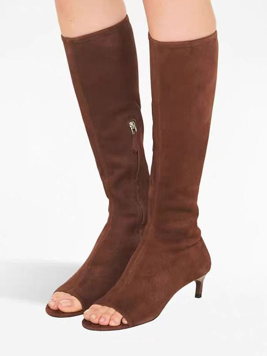 Brown Open-Toe Kitten Heel Knee-High Boots — view 1