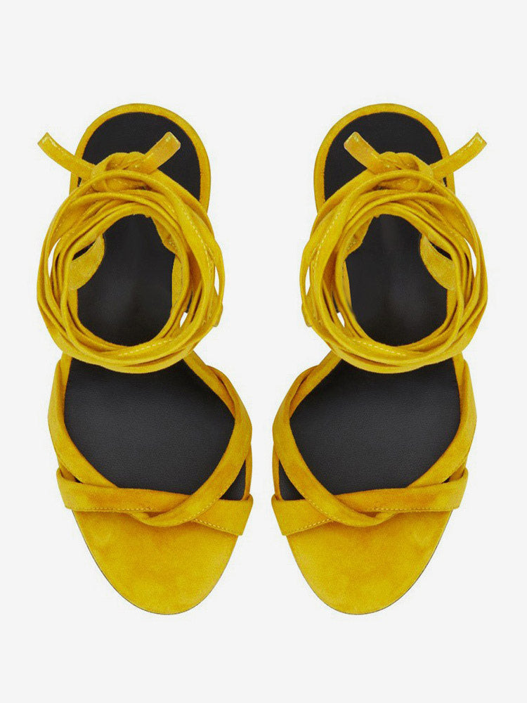 golden open toe lace up suede effect wedge sandals — view 4