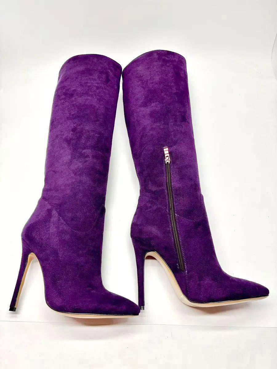 grape pointed toe suede effect knee high boots — view 3