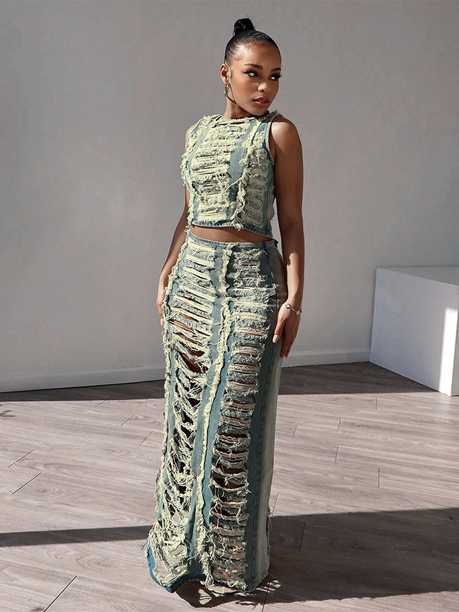Blue Side Split Denim Maxi Two-Piece Set — view 4