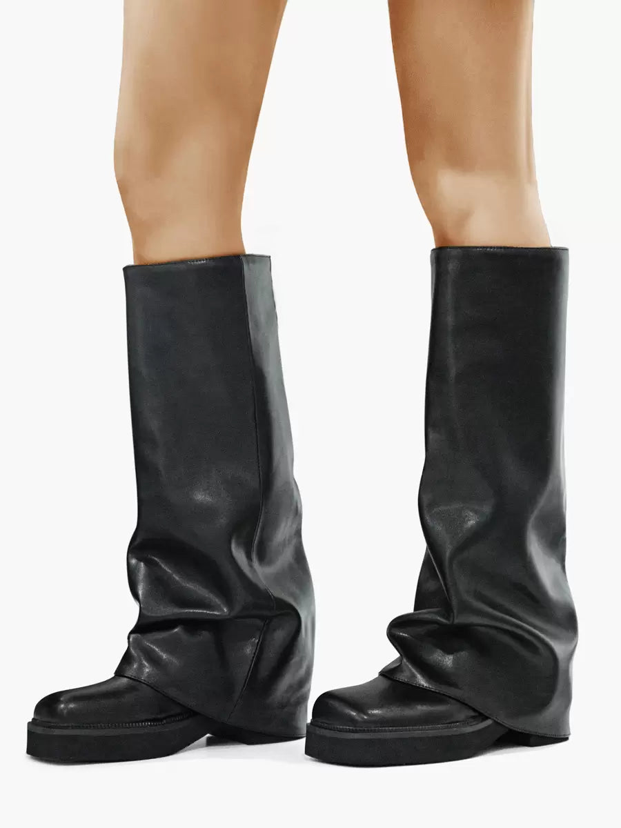brown round toe knee high ruched boots — view 8