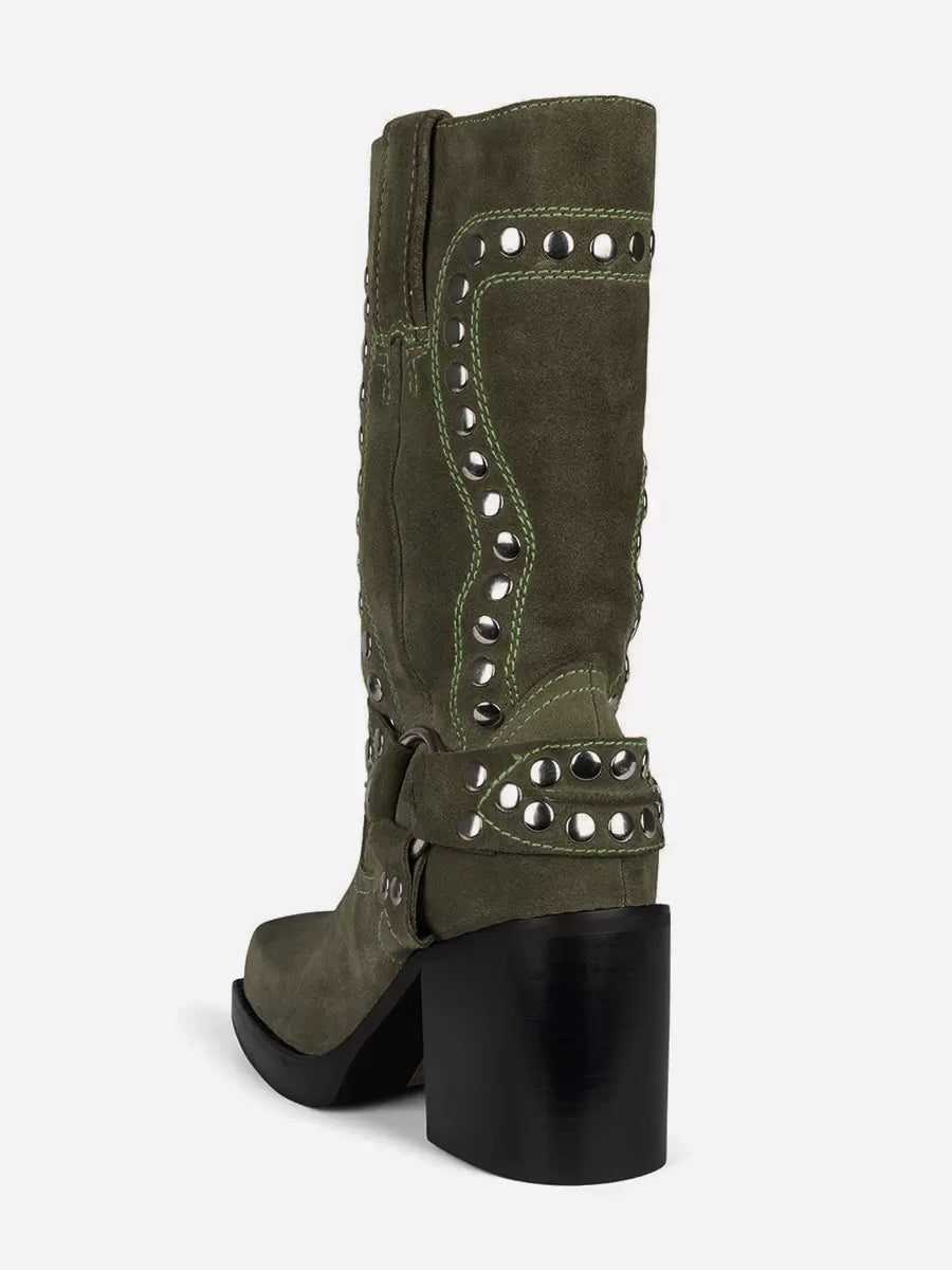 hunter green round toe block heel buckle mid calf boots — view 5