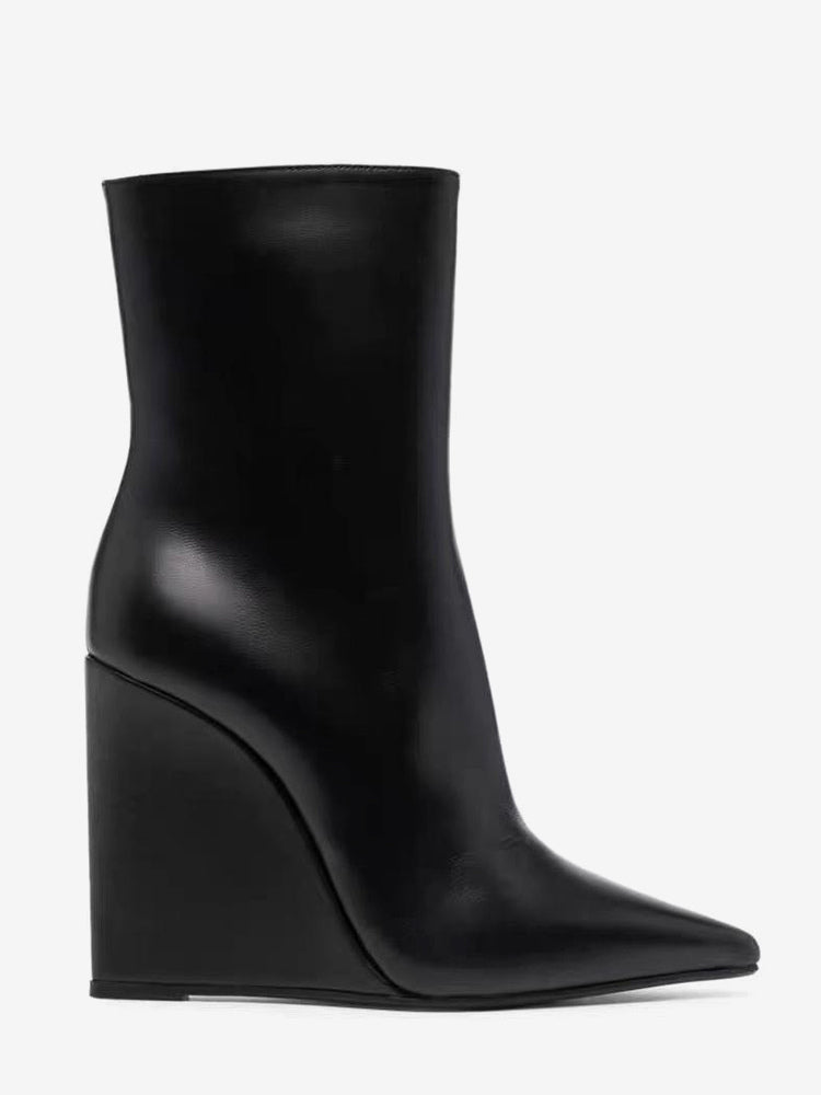red pointed toe wedge zip ankle boots — view 2