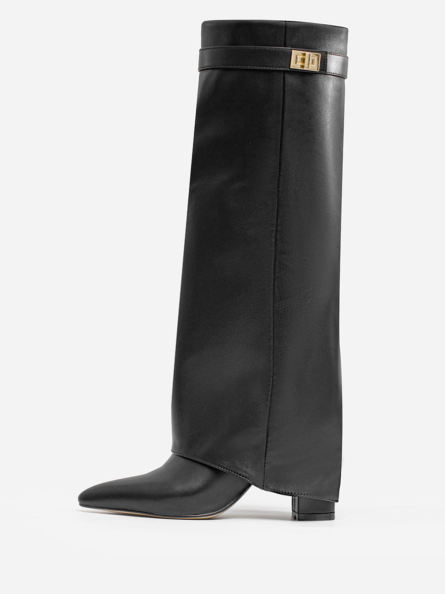 ivory pointed toe block heel buckle knee high boots — view 6