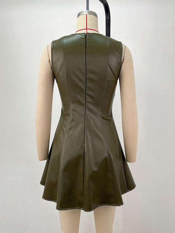 Olive Sleeveless Pleated Mini Dress — view 7